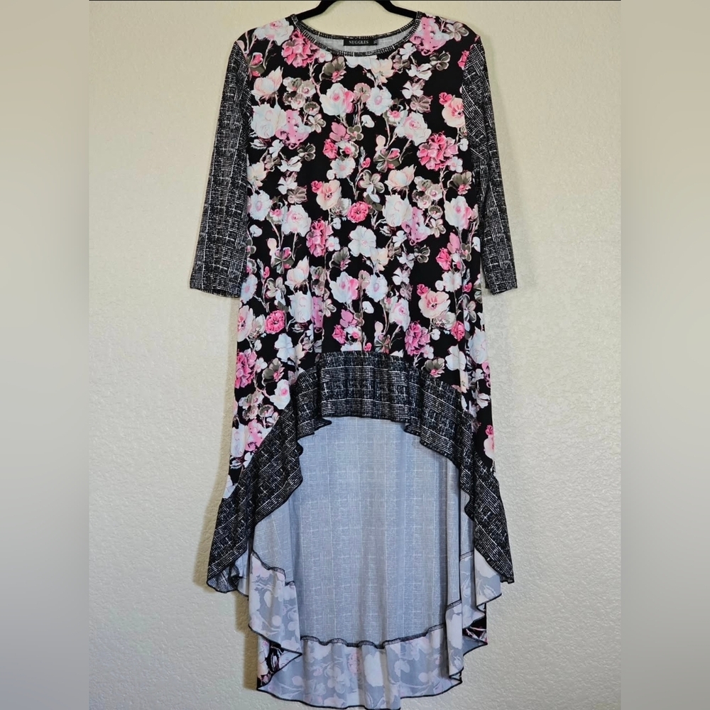 Nuggles Black Floral Mixed Print Hi-Low Ruffle Tunic